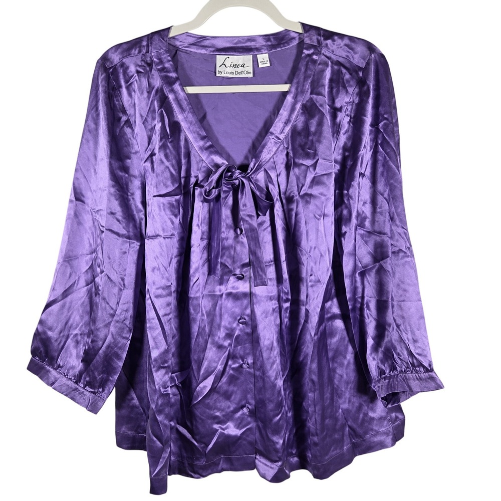 Linea by Louis Dell'Olio Silk Blouse Women L Purple Bow Tie Neck Satin Luxury